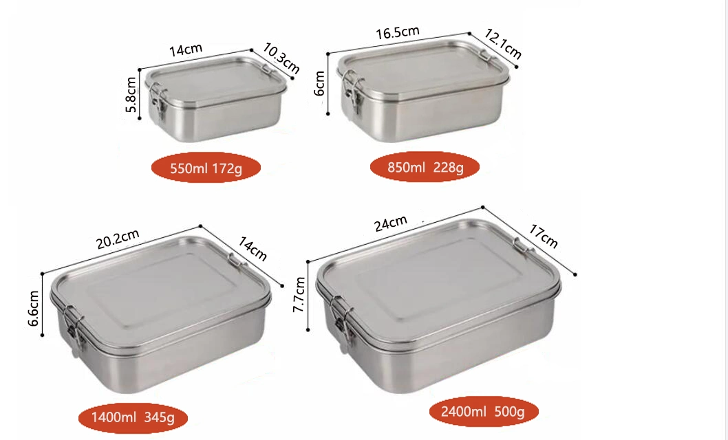 Rectangular Outdoor Picnic Easy to Clean Storage Stainless Steel Camping Lunch Box with Buckle