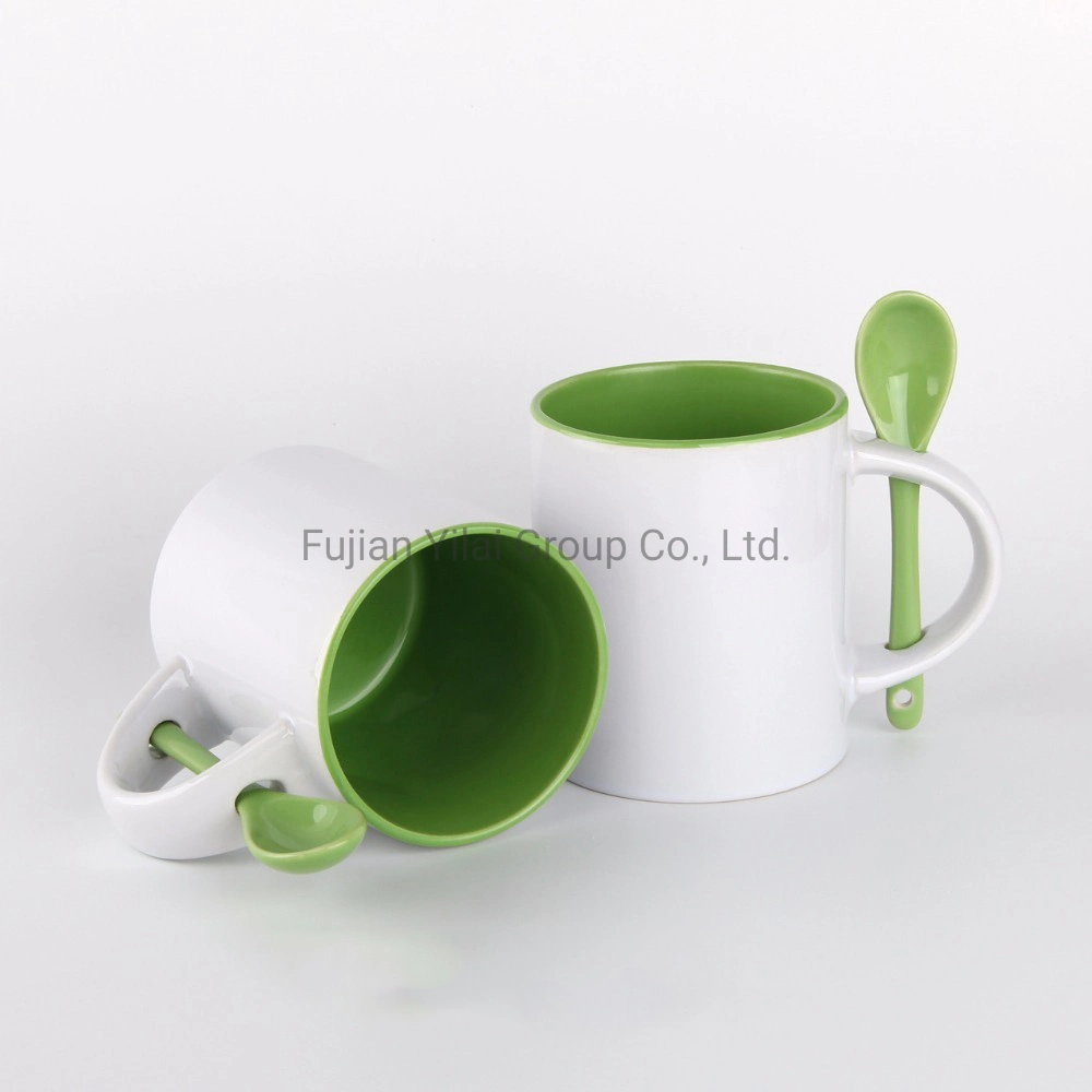 Customized 11 Oz High Quality Inner Color Coffee Cup Drinking Coated Spoon Handle Sublimation Ceramic Mug