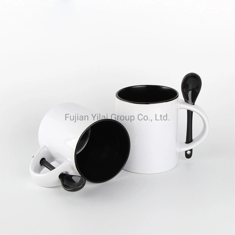 Customized 11 Oz High Quality Inner Color Coffee Cup Drinking Coated Spoon Handle Sublimation Ceramic Mug