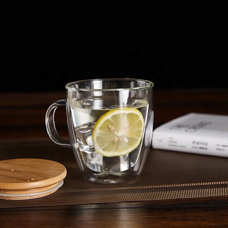 Glass Cup Double Wall Beer Mug with Handle and Bamboo Lid