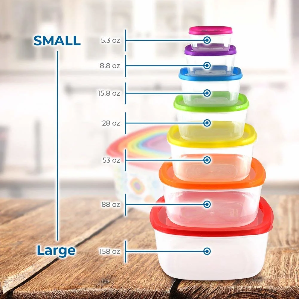 7PCS/14PCS PP Material Plastic Food Storage Container with Rainbow Lids