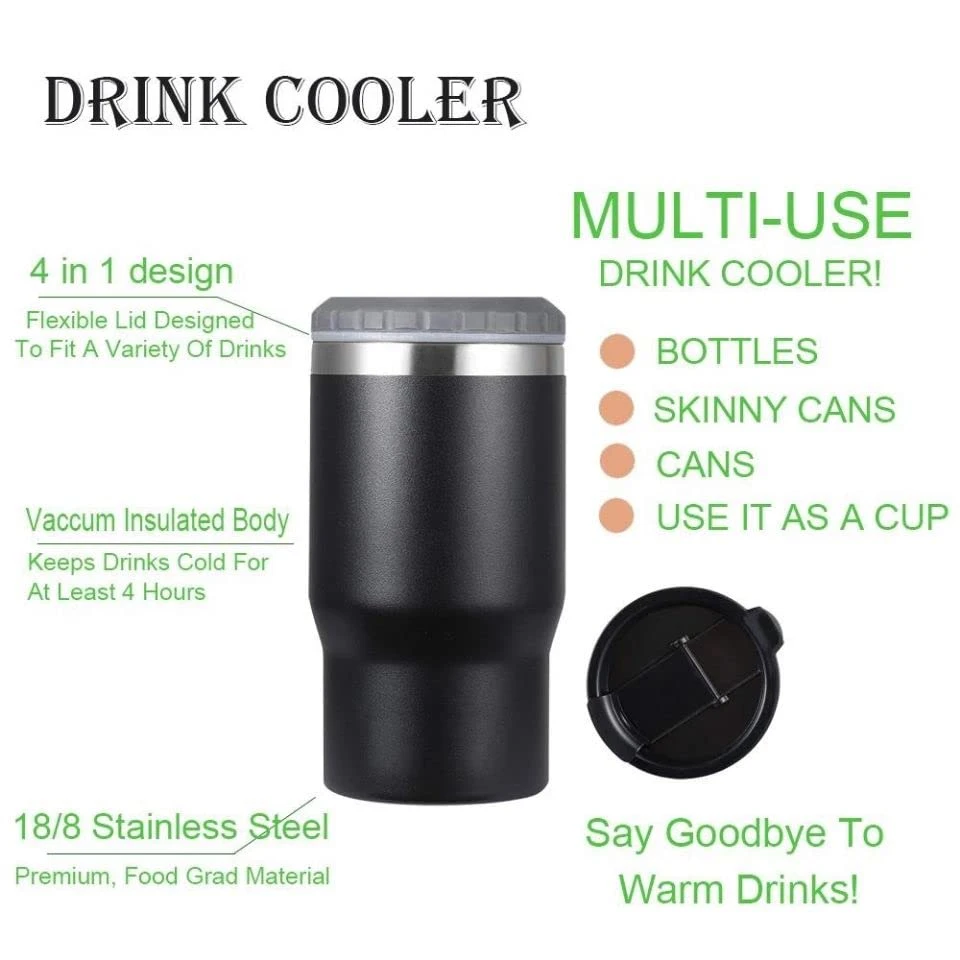 Double Walled Insulated Cooler &Travel Mug Holder 14oz 4 in 1 Stainless Steel Can Cooler Beer Bottle Insulator with 2 Lids,