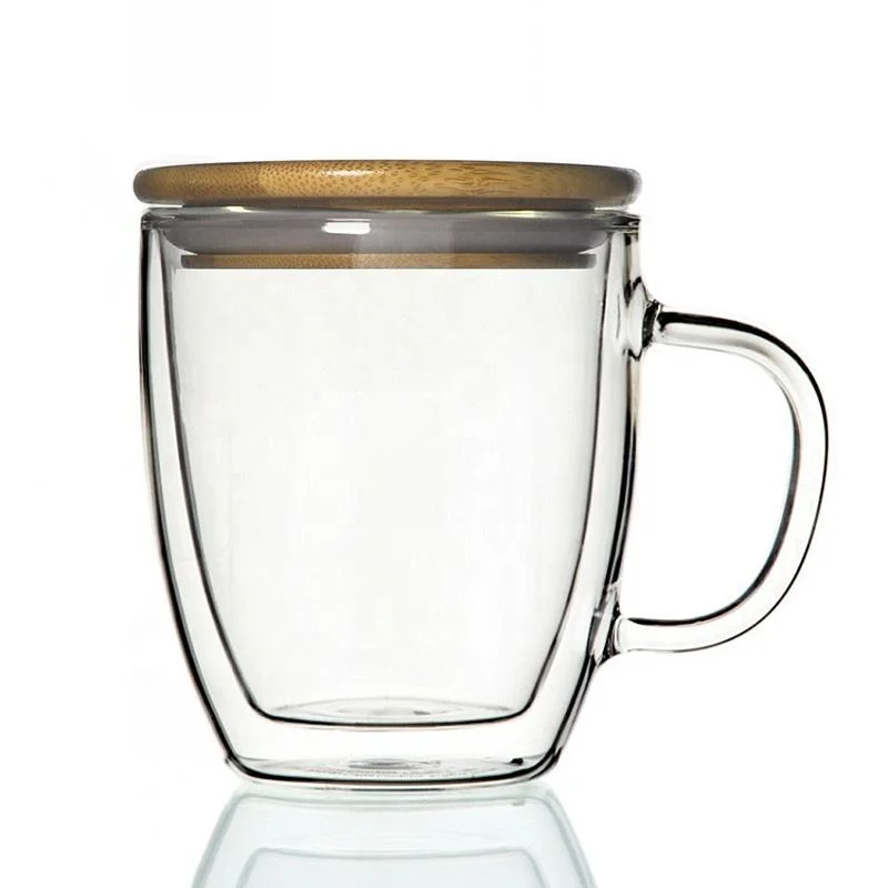 Glass Cup Double Wall Beer Mug with Handle and Bamboo Lid