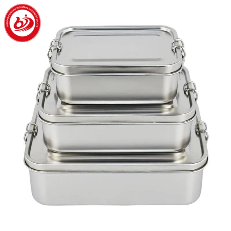 Rectangular Outdoor Picnic Easy to Clean Storage Stainless Steel Camping Lunch Box with Buckle