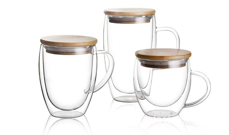 Hot Sale Heat Resisting Borosilicate Clear Glass Double Wall Glass Espresso Coffee Mugs with Bamboo Lid