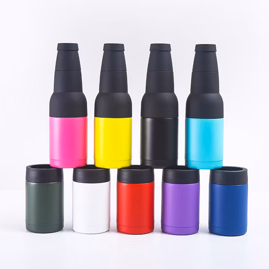 Double Walled Insulated Cooler &Travel Mug Holder 14oz 4 in 1 Stainless Steel Can Cooler Beer Bottle Insulator with 2 Lids,