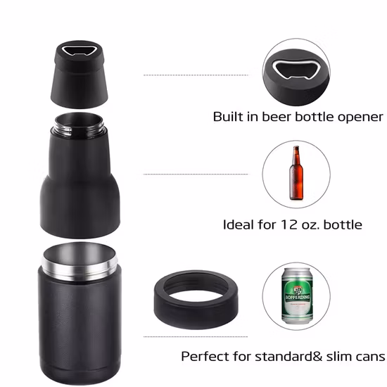 Double Walled Insulated Cooler &Travel Mug Holder 14oz 4 in 1 Stainless Steel Can Cooler Beer Bottle Insulator with 2 Lids,