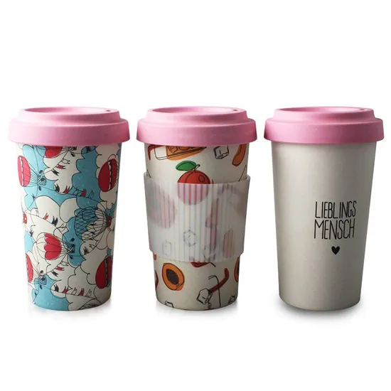 Bamboo Fiber Coffee Mug with Tight Seal Cover and SIP Hole 100% Organic 
