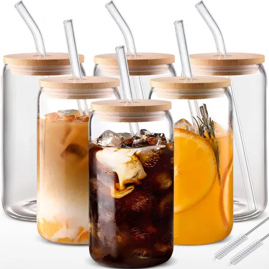 Fashion 12oz 16oz Clear Borosilicate Glass with Bamboo Lid and Straw 