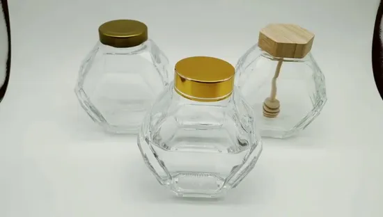 Wholesale 200ml 380ml Hexagonal Glass Empty Hoeny Jam Jar with Metal Lid 