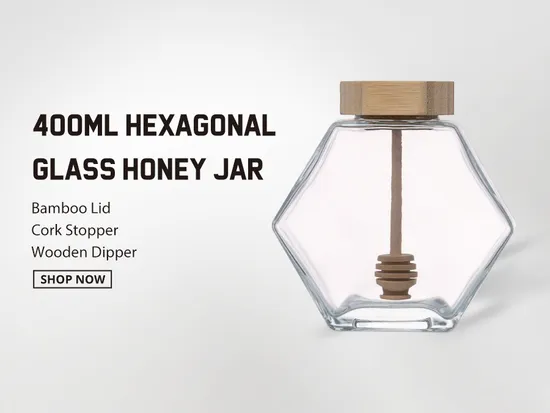 Transparent Hexagonal Glass Honey Pot Container Glass Jar with Wooden Dipper and Bamboo Lid for Jam Syrup Storage Packaging 