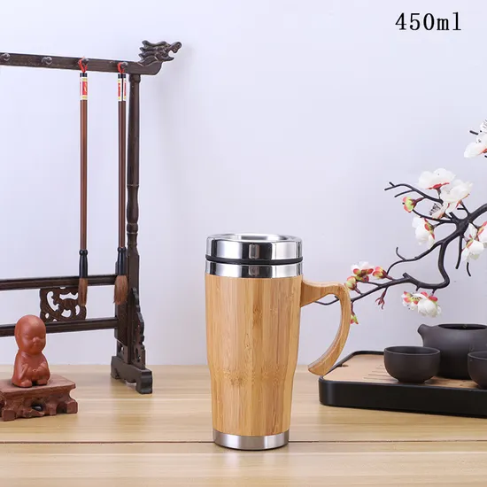 Custom Logo Bamboo Tumbler Double Wall Stainless Steel Travel Coffee Mug with Lid 